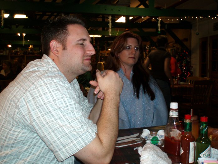 Marc and Jaimee sit down to eat.  Mike took their order over the phone when he "went to the bathroom".