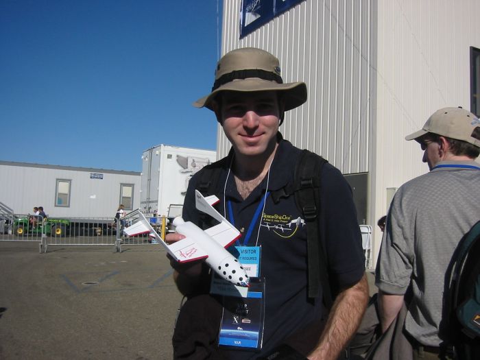 Mike holding a prototype for a SpaceShipOne model